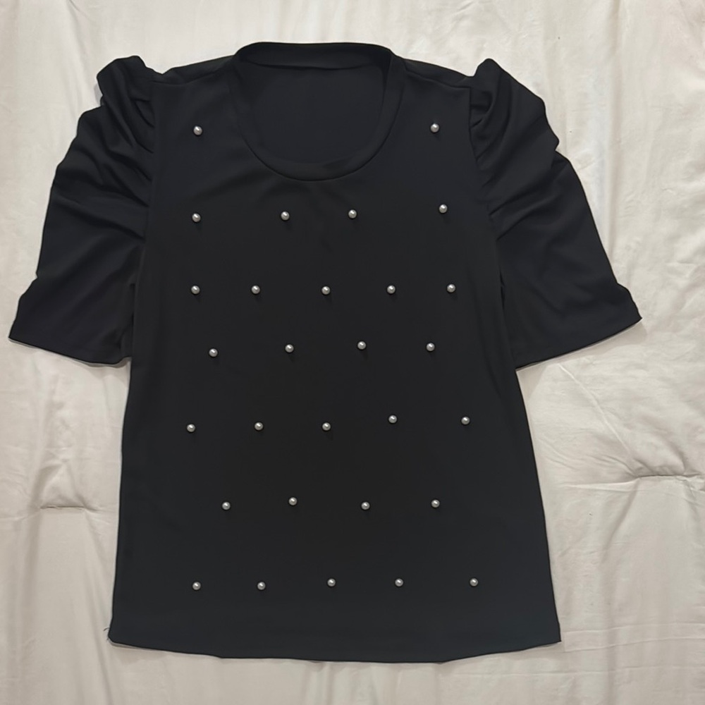 Elegant Black Top with Pearl Accents